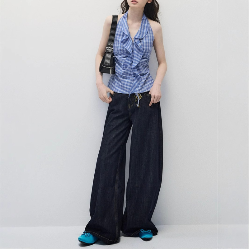 ANATO Urban Romantic Summer Design Sense Blue Plaid V-neck Vest Top Jeans Women