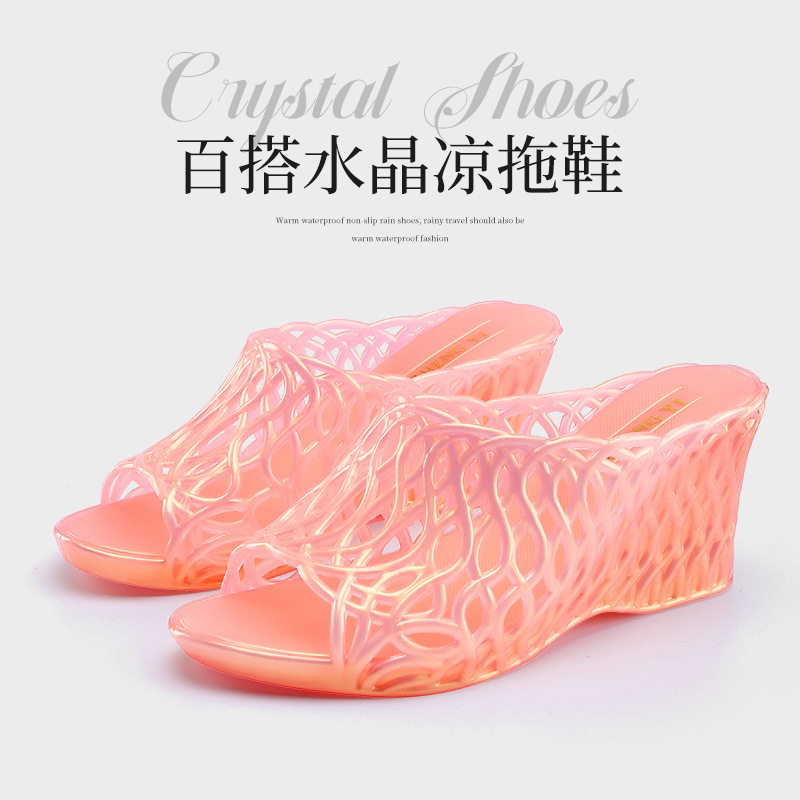 High-Heeled Women's Shoes with Thick Soles, Wedge Heels, Mesh Crystal Slippers, Pearlescent Iridescent Plastic Jelly Shoes, Hollow Anti-Odor High Heels