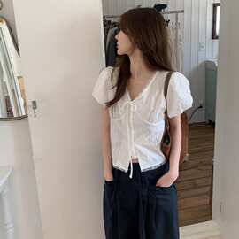 跨境 2026夏季INS博主款韩系简约百搭清新日常小衫女短袖衬衫上衣