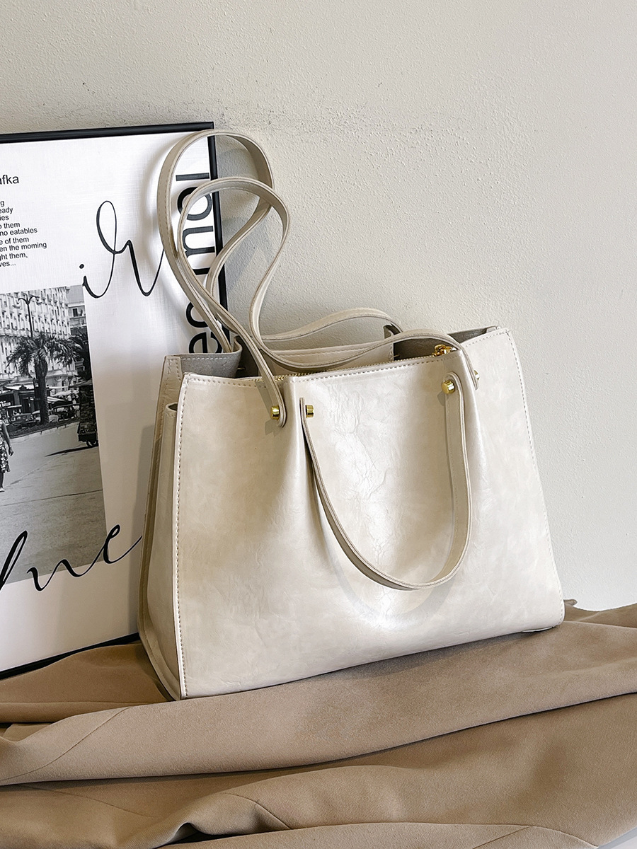 Cream Textured Women's Tote Bag with Gold Hardware