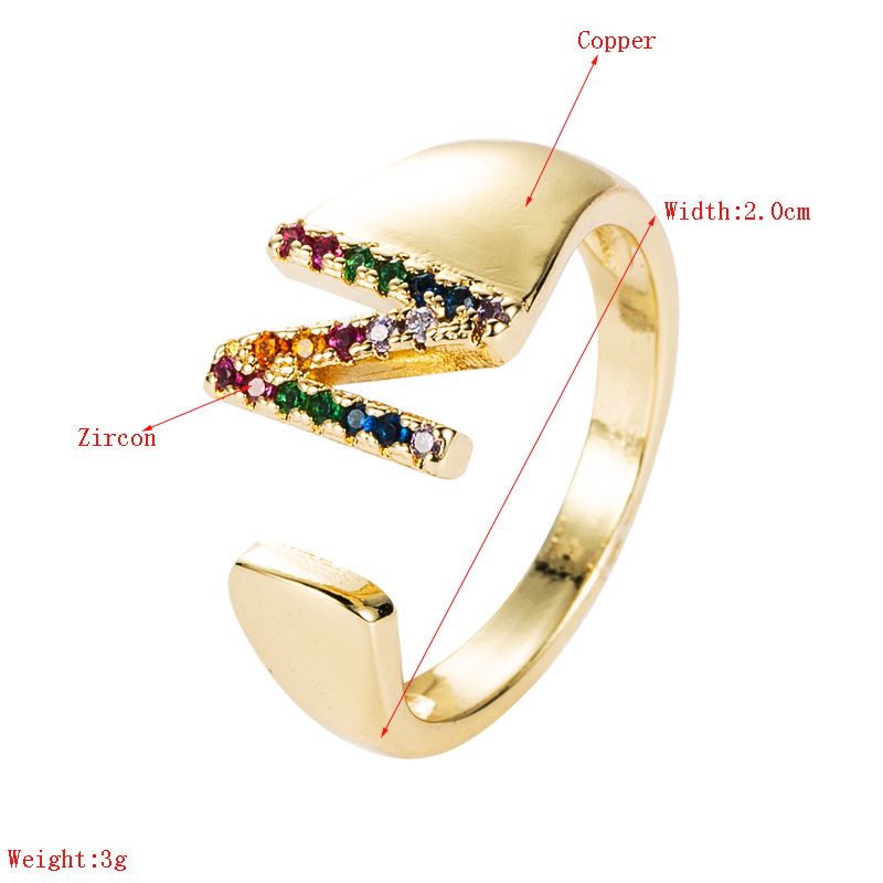European And American Ring 26 English Letter Copper Gold-plated Inlaid Zircon Ring Opening Adjustable display picture 29