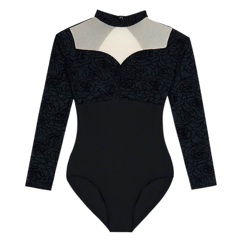 Ropa de baile de primavera negro Nuevo Flocado de manga larga ropa de práctica de baile latino Ropa de baile de ballet mono adulto