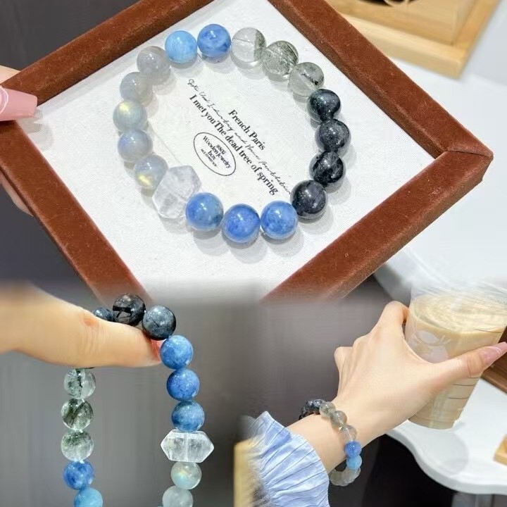 Van Gogh Starry Sky Kyanite Green Ghost Black Hair Crystal Moonstone Crystal Natural Blue Crystal Stone Ball Bracelet Raw Ore