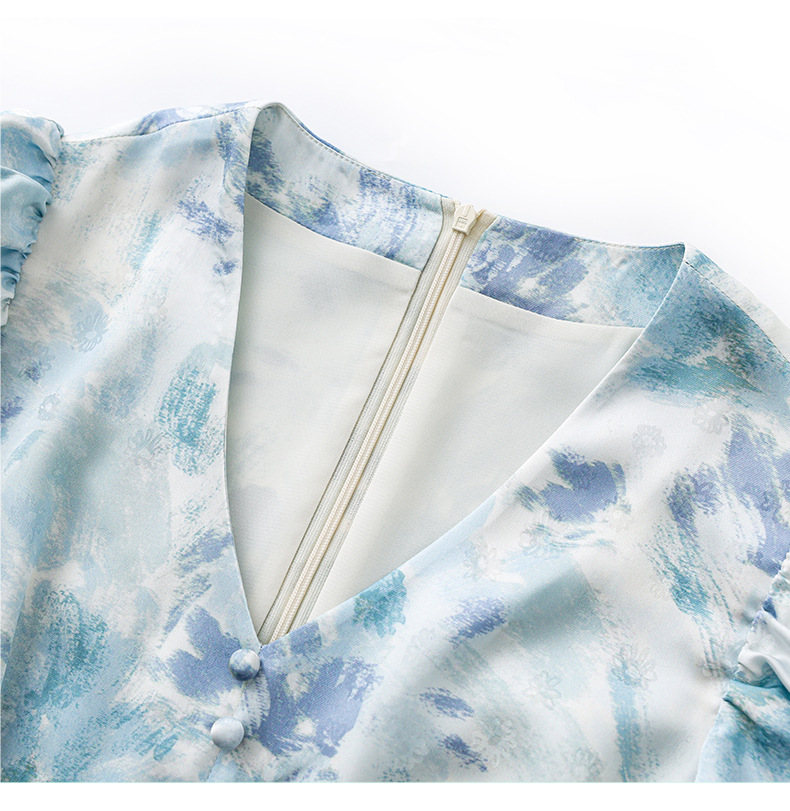Đầm maxi nữ thắt eo chất liệu jacquard in họa tiết cao cấp — Màu xanh lam chi tiết 12