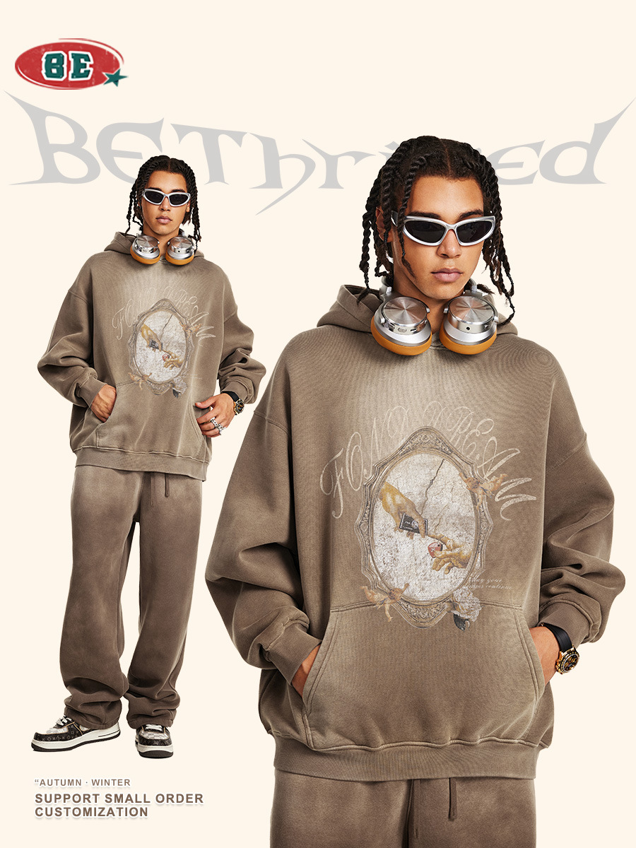 BE ropa de hombre | 2025 otoño más terciopelo engrosamiento marca de moda americana original lavado y viejo suéter con capucha para hombres y mujeres del mismo estilo image 1