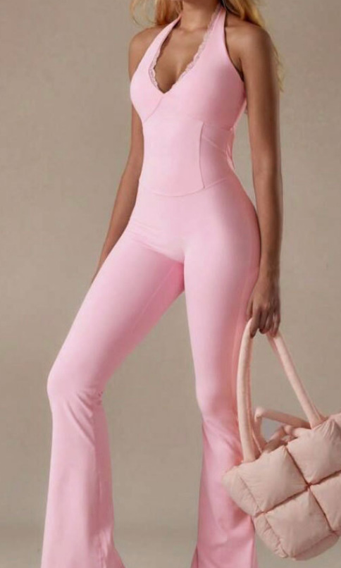 G25J196 Barbie polvo cuello de cuello en V ropa de yoga encaje cintura en forma de pantalones elásticos ajustados