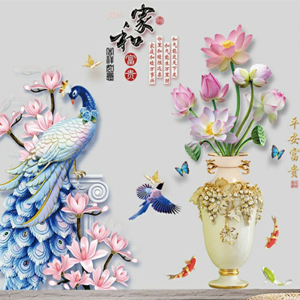 平安富贵荷花墙贴中国风客厅电视背景墙贴画花瓶墙贴纸防水自粘画
