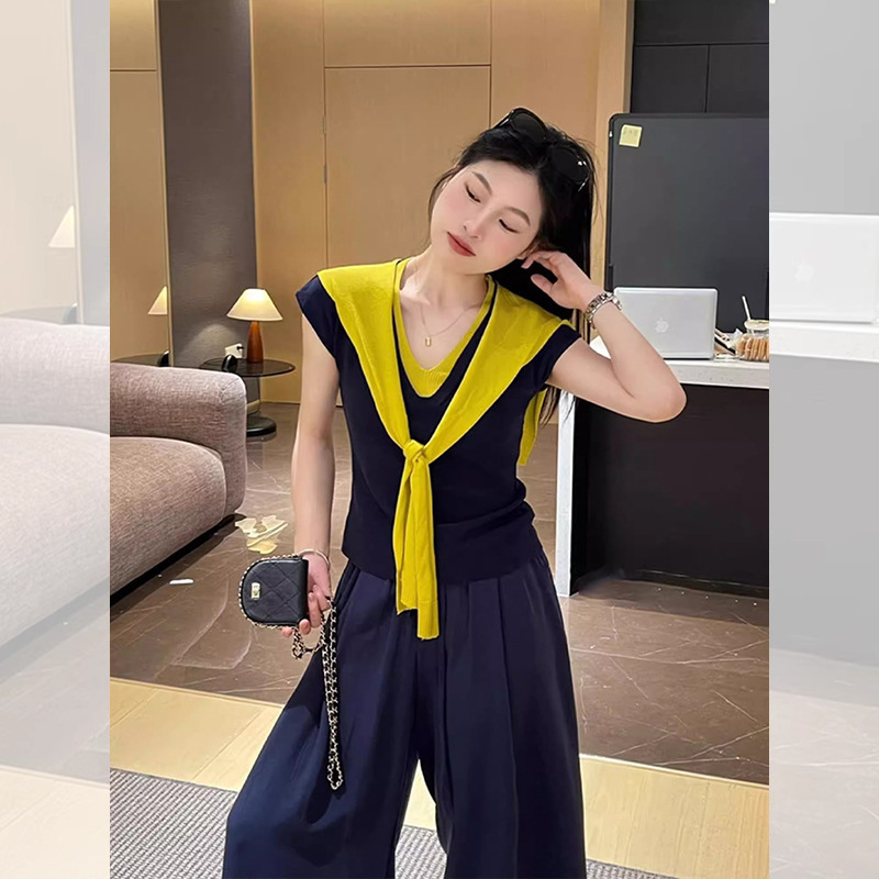 French Black V-Neck Ice Silk Knitted Sleeveless Vest T-Shirt Women's Summer Design with Shawl Two-Piece Waistcoat Top