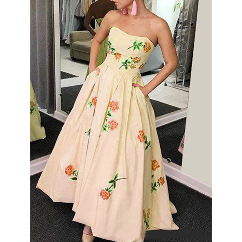 In-Stock Hot-Selling New European and American Women's Clothing for Amazon Cross-Border Sales, Summer Waist-Cinching Floral Elastic Strapless Dress