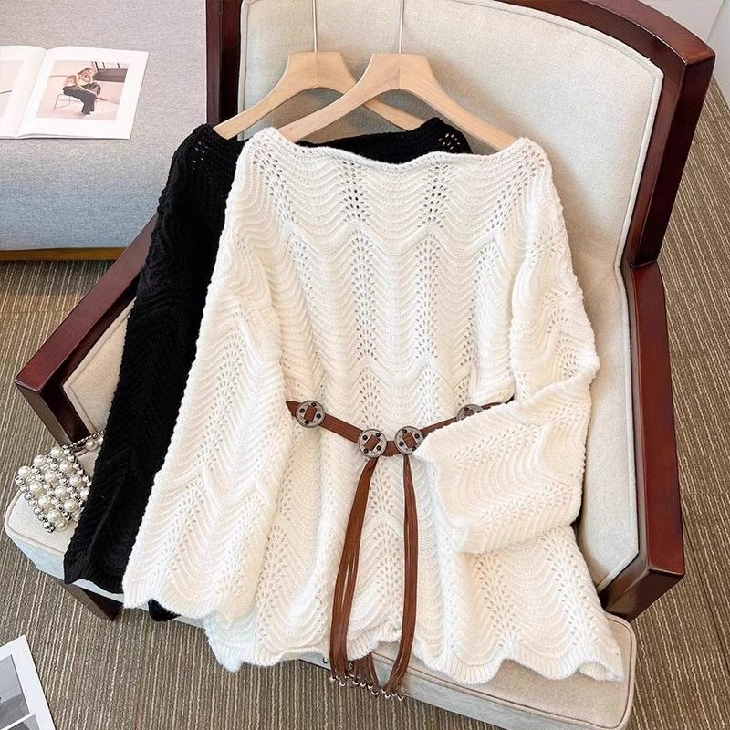 Maoning Korean Style Gentle and Casual Sweet Cut Out Lace Pullover Knitted Sweater Autumn and Winter Lazy Loose Top