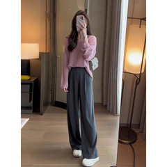 时尚套装女宽松春秋季新款领针织衫上衣搭配高腰西装裤两件套潮