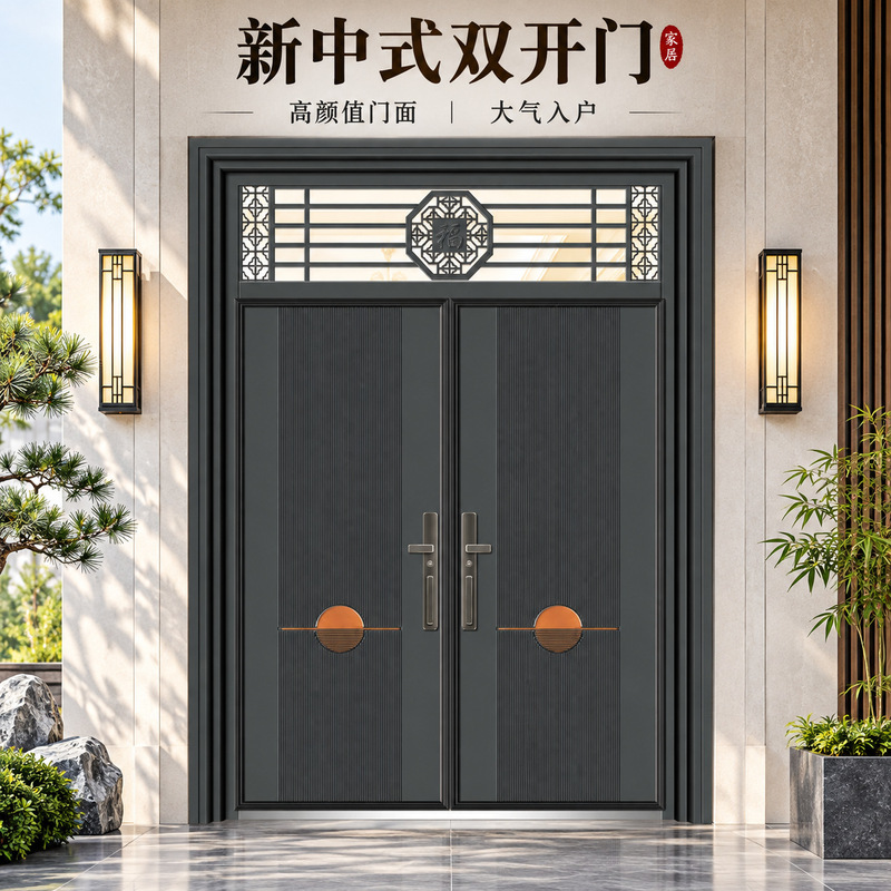 Stainless steel and zinc alloy villa entrance doors, double doors, cast aluminum doors, main entrance doors, four-panel entrance doors for rural self-built houses