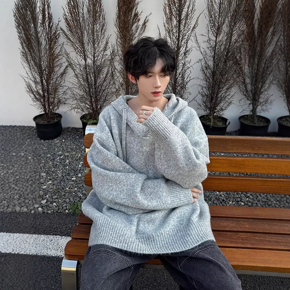 美式连帽针织衫外套男女秋冬慵懒感加厚百搭情侣毛衣休闲套头卫衣