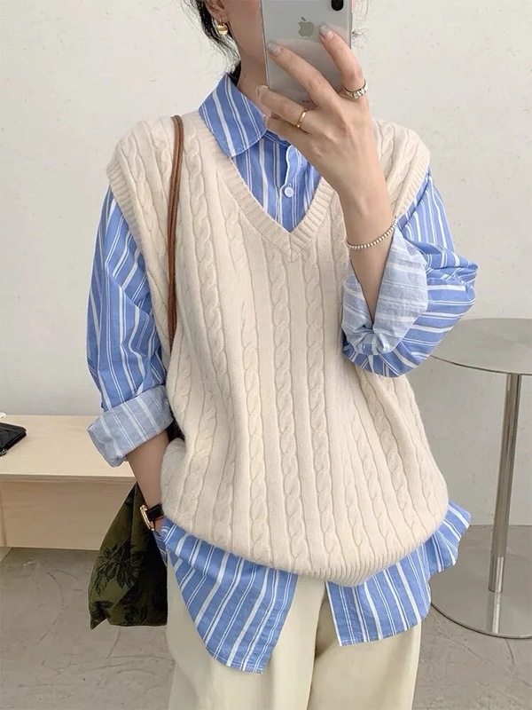 RL ラフ刺繍ポニーマーク V ネックベストセーターツイストセーターシンプルで多用途なツイストベストレディーストップ|undefined