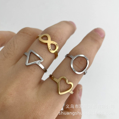 不锈钢几何戒指女时尚简约圆形三角形心形星星月亮开口戒指ins