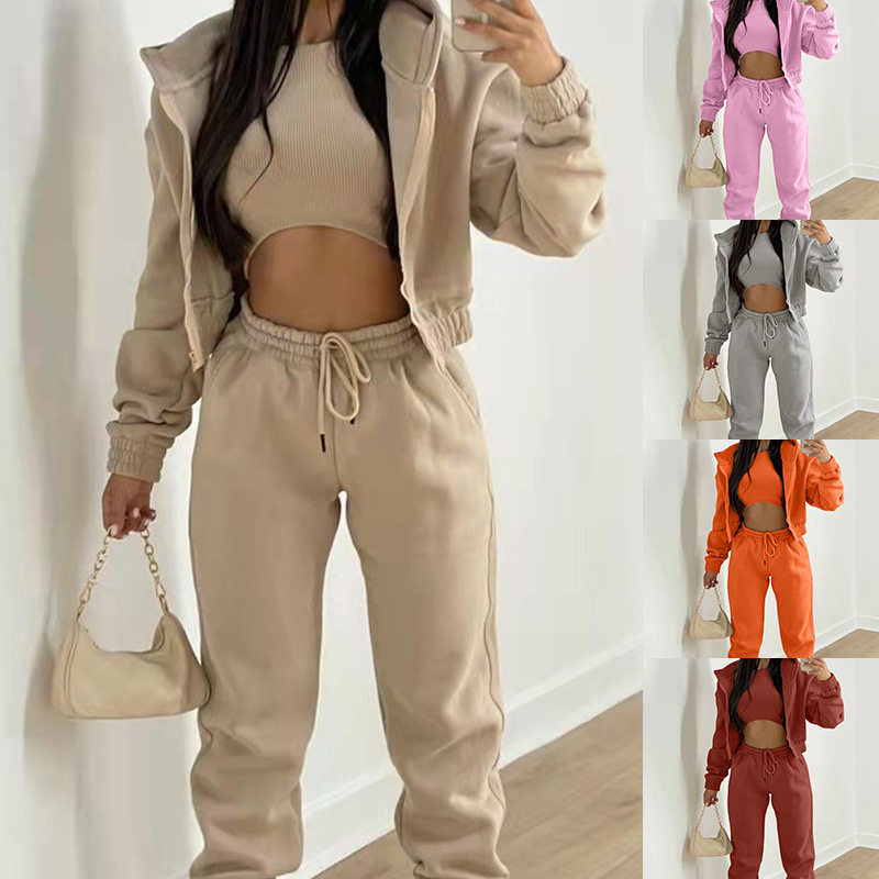 2026 Cross-Border Foreign Trade European and American Women's Clothing Spring New Style Solid Color Casual Sports Hooded Sweatshirt and Long Pants Three-Piece Set 2026 Cross-Border Foreign Trade European and American Women's Clothing Spring New Style Solid Color Casual Sports Hooded Sweatshirt and Long Pants Three-Piece Set
