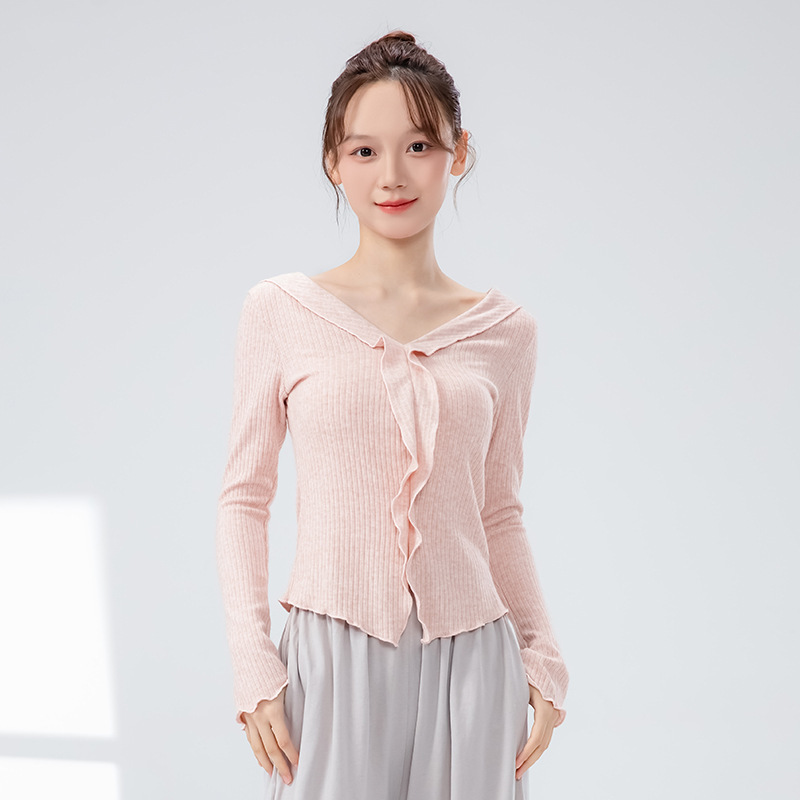 现代舞蹈服女新款修身长袖v领练功服波浪边演出上衣古典舞形体服|undefined