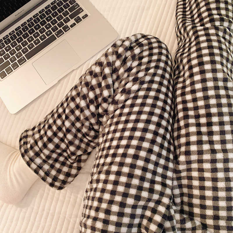 Plus Size Pajamas, Flannel Men's Autumn and Winter Casual Wearable Warm Velvet Plaid Pants, Fat Girl's Home Pants