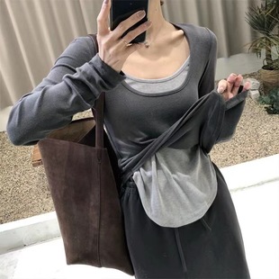 Fashionable irregular fake two-piece color matching T autumn and winter versatile long-sleeved T-shirt women's slim bottoming shirt fleece-lined bottoming top