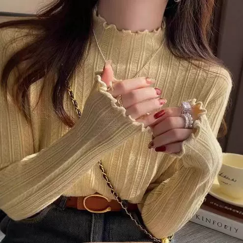 日系简约半高领木耳边针织打底衫女2025秋冬软糯长袖内搭毛衣上衣