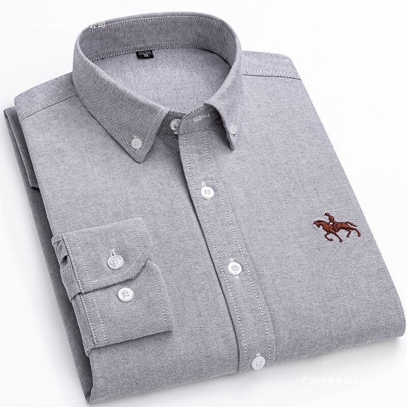Pure Cotton Washed Oxford Long-Sleeved Shirt for Men, Spring and Autumn Casual Business Solid Color Embroidered Shirt for Men