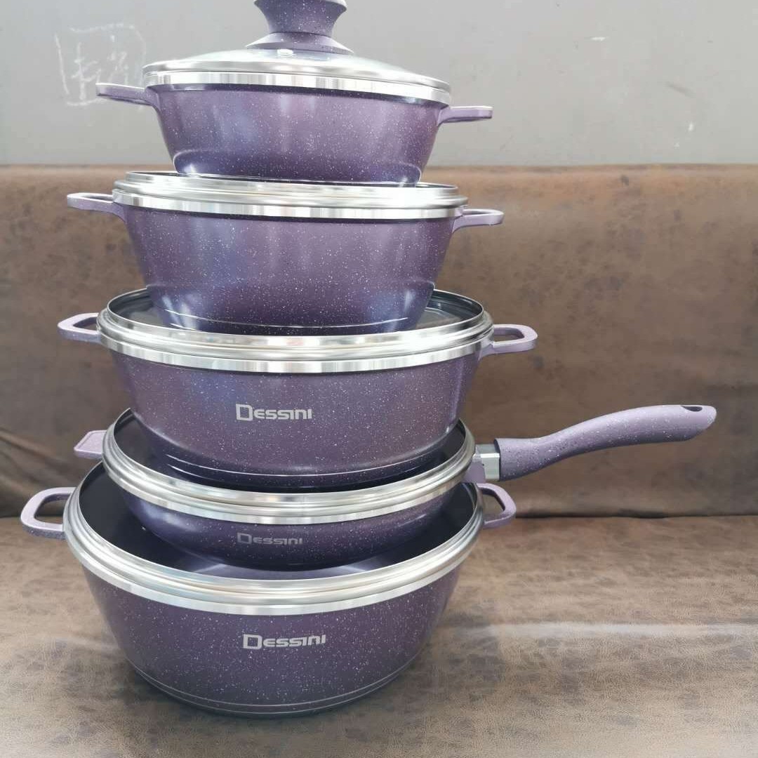 Juego de ollas y sartenes Dessini de 12 piezas antiadherentes, juego de 12 piezas de aluminio fundido a presión, olla para sopa, sartén honda de fondo plano, juego de piedra Maifan para uso doméstico.