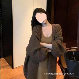 美拉德复古咖色毛衣外套女秋冬慵懒感宽松中长款针织开衫上衣其他