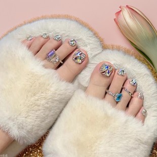 Summer Feet Nail Art White Shining Color Diamond Wear Fake Nails ins Advanced Toenail Patch Wholesale Nail Art