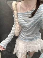 辣妹风蓝白条纹斜肩长袖t恤女秋季薄款小个子防晒罩衫露肩上衣潮
