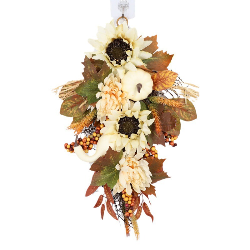 秋の感謝祭の白いかぼちゃの花輪の豊作祭のひまわりのカエデの葉50/60cmの花輪の装飾のドア飾りの新商品|undefined