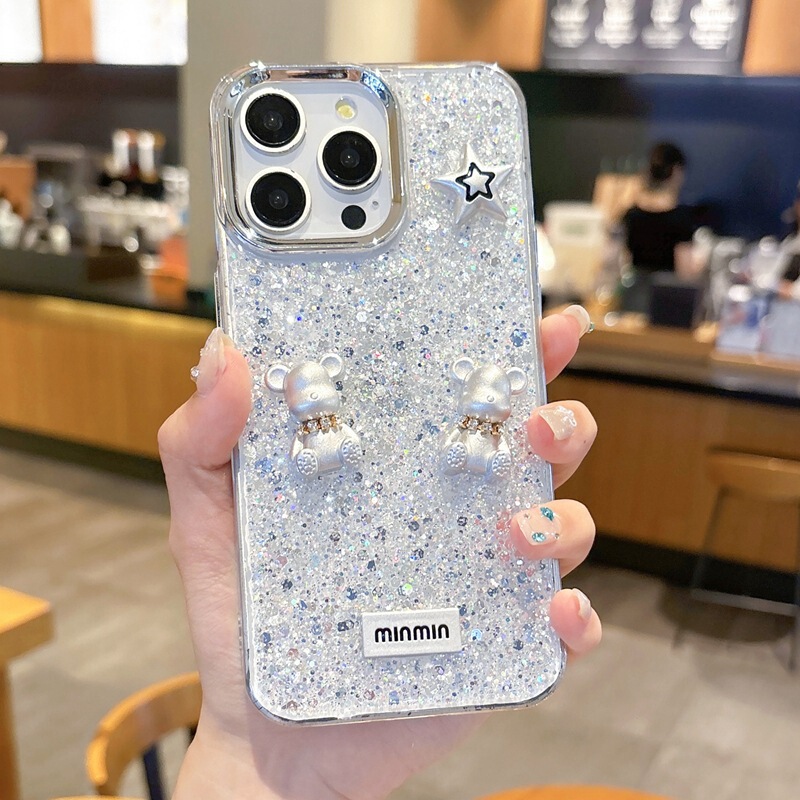 Korean Style Epoxy Bear Suitable for Oppo A3 Mobile Phone Case Findx8Pro Metal Ring High Flash Luxury Protective Cover