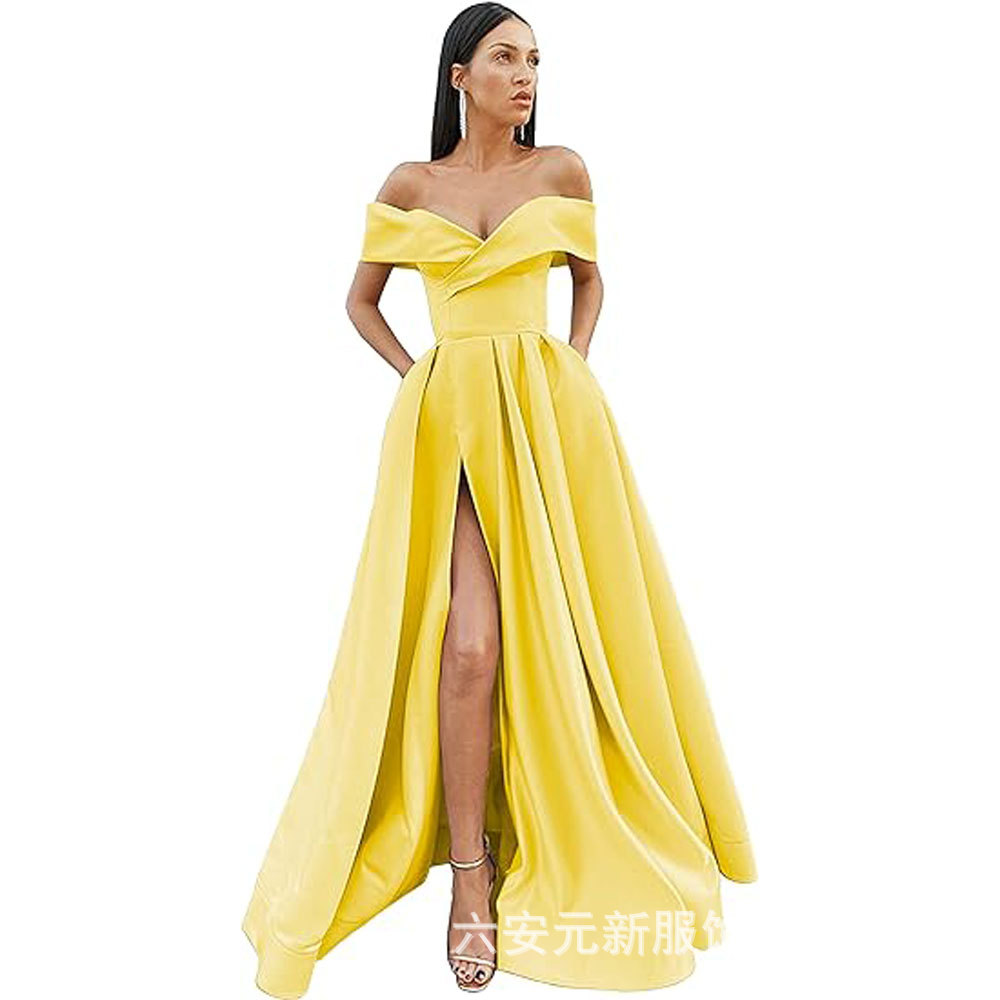 Amazon Comercio exterior fuera del hombro prom vestido de noche largo split sexy Fiesta de las mujeres vestido de banquete