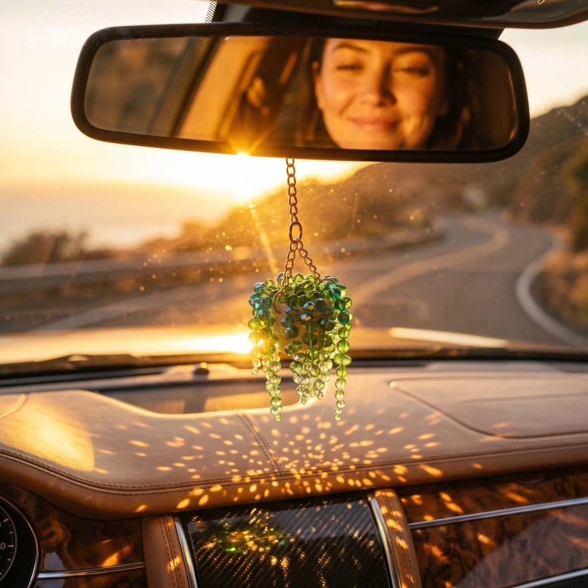Creative Crystal Bead String Hanging Basket Car Rearview Mirror Decoration Pendant, Personalized Trendy Interior Gift