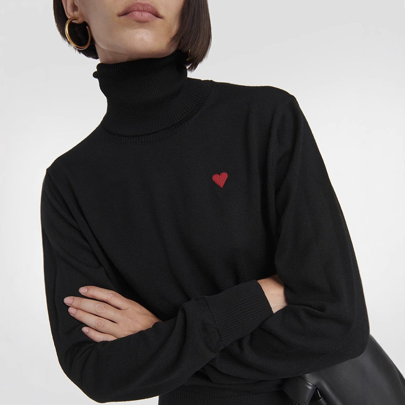 Great Value! Fashionable and Simple Heart Embroider Merino Wool Casual Turtleneck Pullover Knitwear