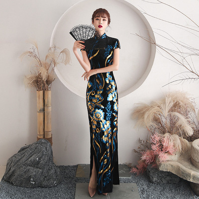 Black with blue sequin chinese dress for women oriental retro qipao dresses Long performance catwalk cheongsam dresses female