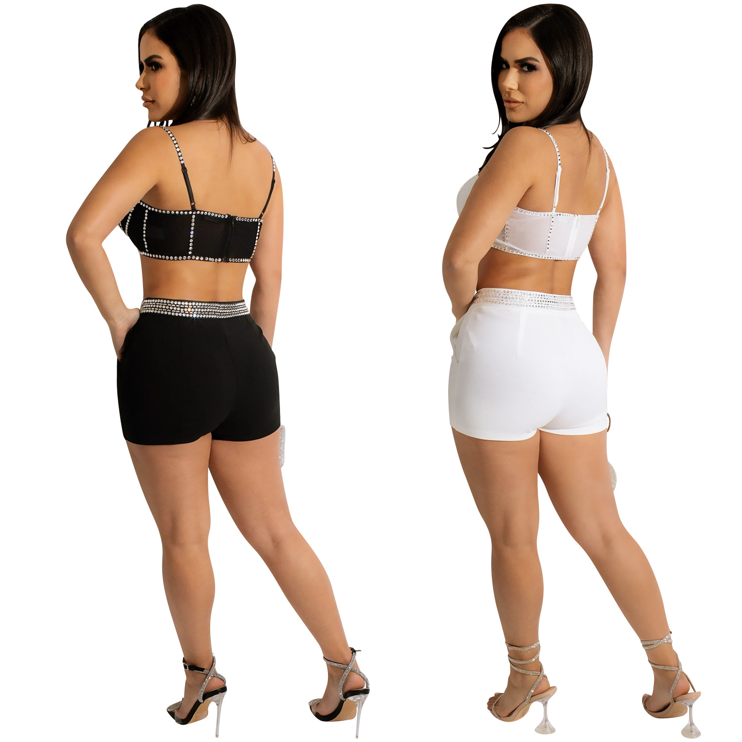X5676 transfronteriza AliExpress Amazon Europa y América nueva correa de diamantes de imitación caliente cremallera chaleco en el pecho pantalones cortos de dos piezas conjunto