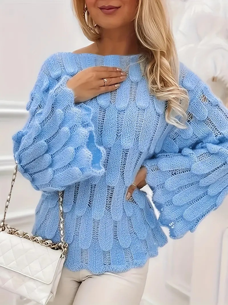 Vêtements pour femmes Printemps et automne pull ample en plumes chic style occidental à manches longues haut de style paresseux creux pull tricoté polyvalent pour femmes_voghion.com