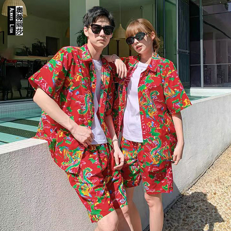 Northeast Floral Shorts Set Shirt Couple Outfit Short Sleeve Ancora Red Internet Celebrity Unisex Hong Kong Style Vacation Trend Northeast Floral Shorts Set Shirt Couple Outfit Short Sleeve Ancora Red Internet Celebrity Unisex Hong Kong Style Vacation Trend