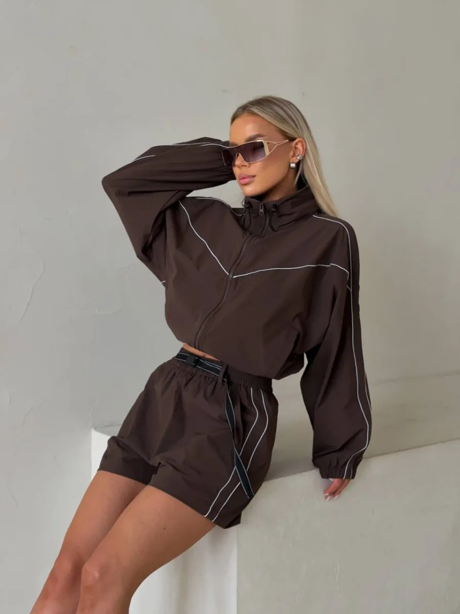 Women's Two Piece Set Solid Long Sleeve Zip Up Cardigan And Shorts_voghion.com