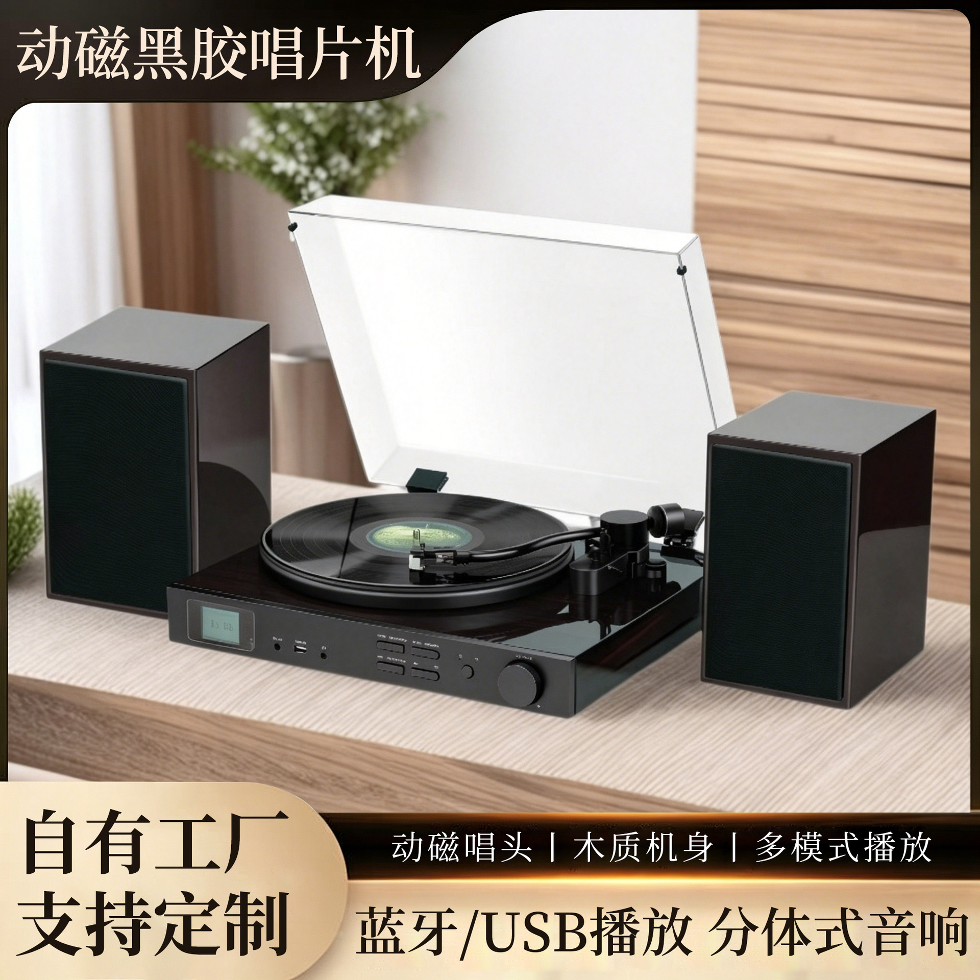 Cross-Border Foreign Trade Dynamic Magnetic Vinyl Record Player with High-Gloss Material, Bluetooth Playback, USB Playback, Full-Range/High-Pitched Speakers