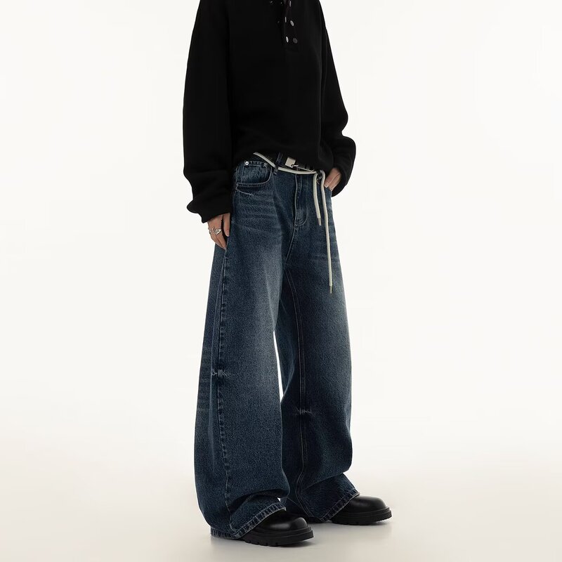 Korean Retro Jeans with Rope Design for Men, Autumn American High Street Versatile Loose Trendy Wide-Leg Pants