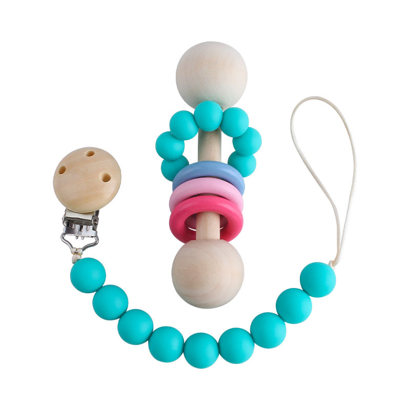 Creativo nuevo juguete de madera los niños mordedor bebé ejercicio interactivo agarre sonajero chupete silicona cadena traje