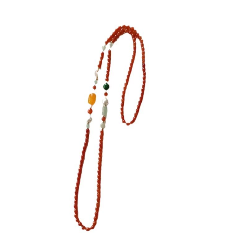 Long agate shoulder bag, chain, necklace, cheongsam, sweater, accessory, 108 beads, cinnabar, Chinese style