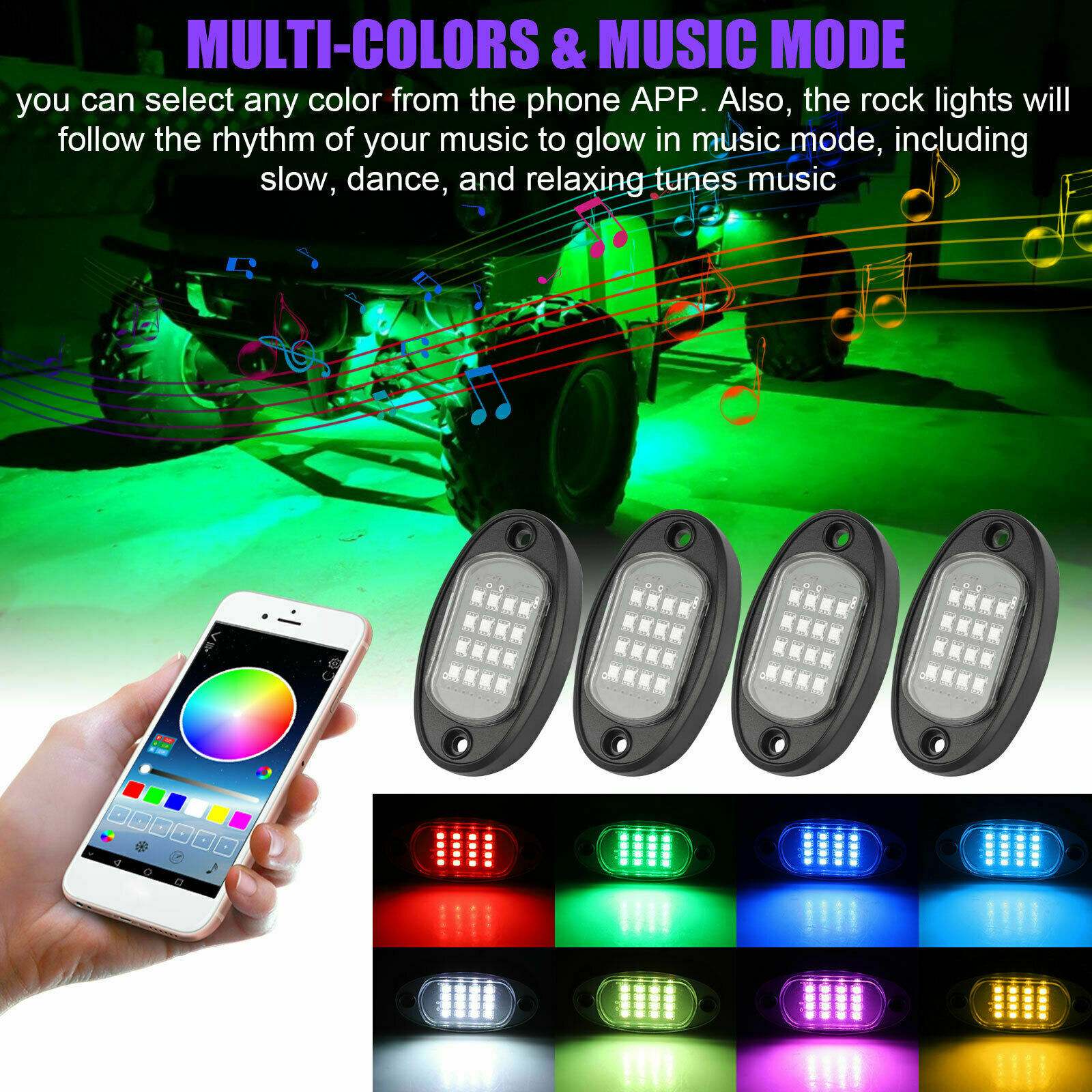 Transfronterizos dedicados a la lámpara de chasis de automóviles LED, un remolque, cuatro luces de atmósfera, música colorida, decoración de control remoto Bluetooth RGBAPP