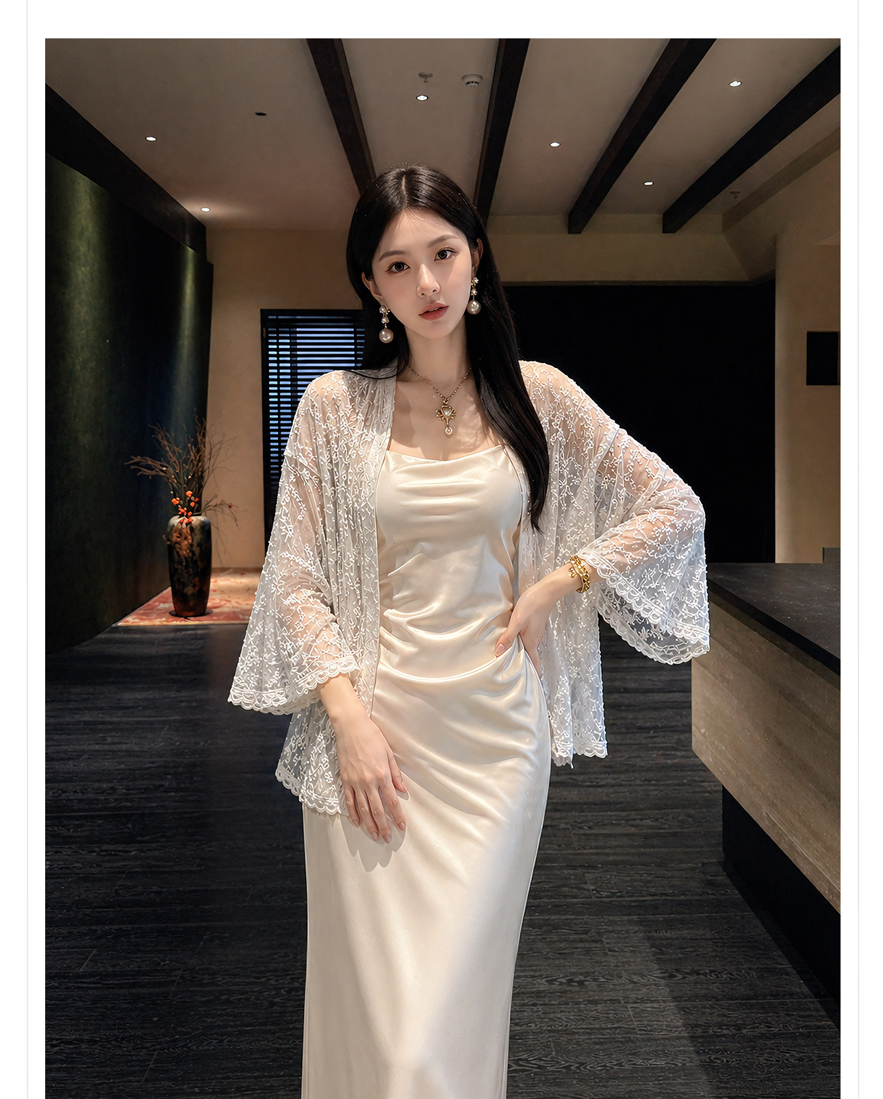 Áo sơ mi nữ dài tay thêu ren họa tiết hoa nổi, phong cách Tân Trung Hoa — Trắng sứ, Xanh mơ chi tiết 11
