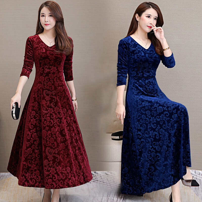 2026 Spring and Autumn New Style Slim Fit Flared Dress for Moms, Plus Size Women's Velvet Long Sleeve Dress, Long Style