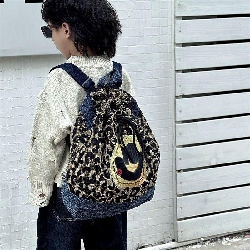 Retro leopardo mochila para niños y niñas caricatura lindo gatito sonriente mochila vaquero nuevo paquete de gran capacidad para niños