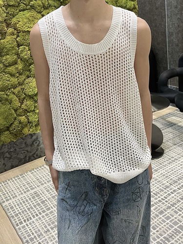 Lace-front open-back vest with sleeveless crewneck design, men's niche fashion, casual summer new knit short-sleeve top