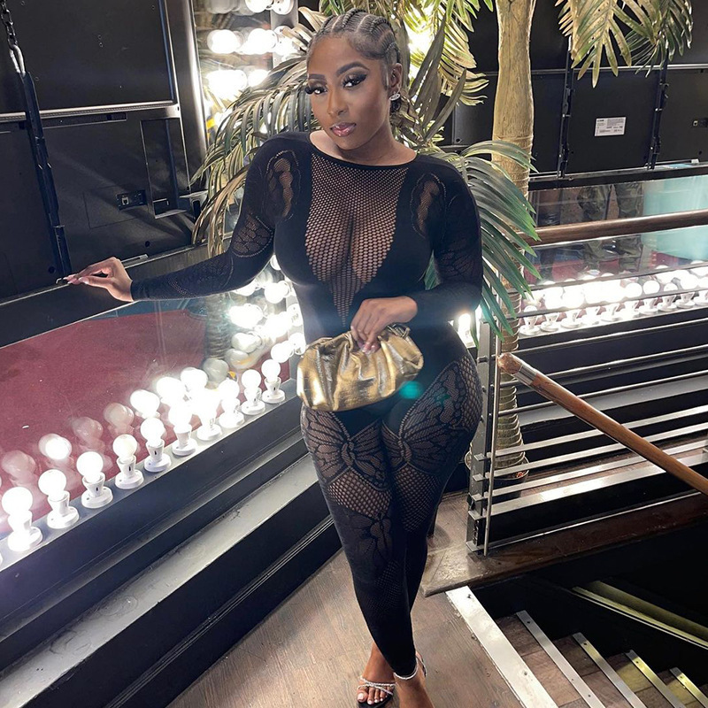 Salopetă damă mânecă lungă cu model fluture și transparență_voghion.com