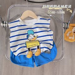 新款純棉夏季男童背心卡通可愛兒童寶寶無袖T恤短褲上衣T兩件套裝